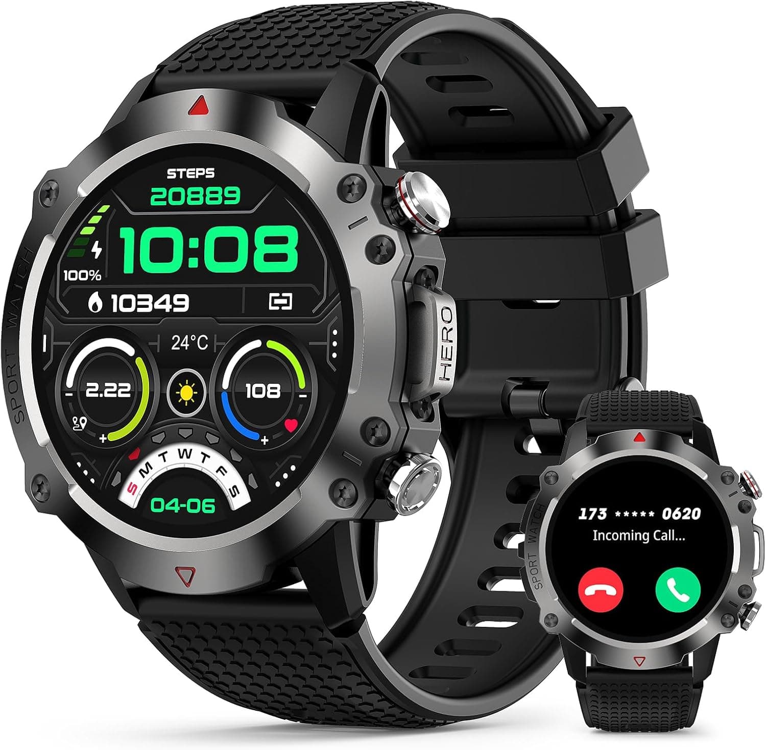 GedFong Relógio inteligente para homem, HD Smartwatch com chamadas, 450 mAh, relógio inteligente para homem com 100 modos desportivos, frequência, acompanhamento do sono, cardíaco para Android iOS