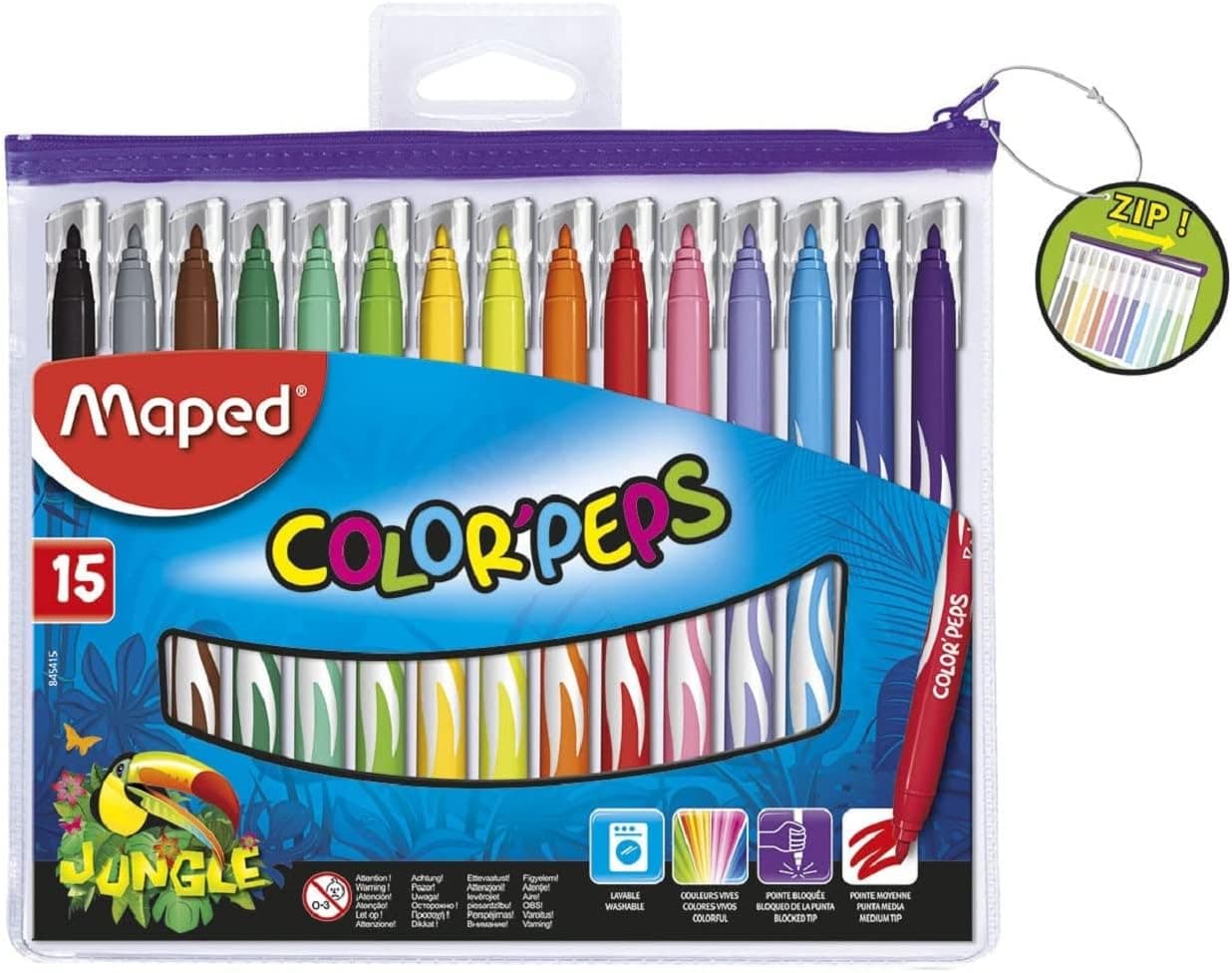 Maped Marcadores para colorir com ponta média bloqueada, 15 marcadores para colorir – lavável e resistente à secagem, ponta média bloqueada, cores vivas, ideais para material escolar