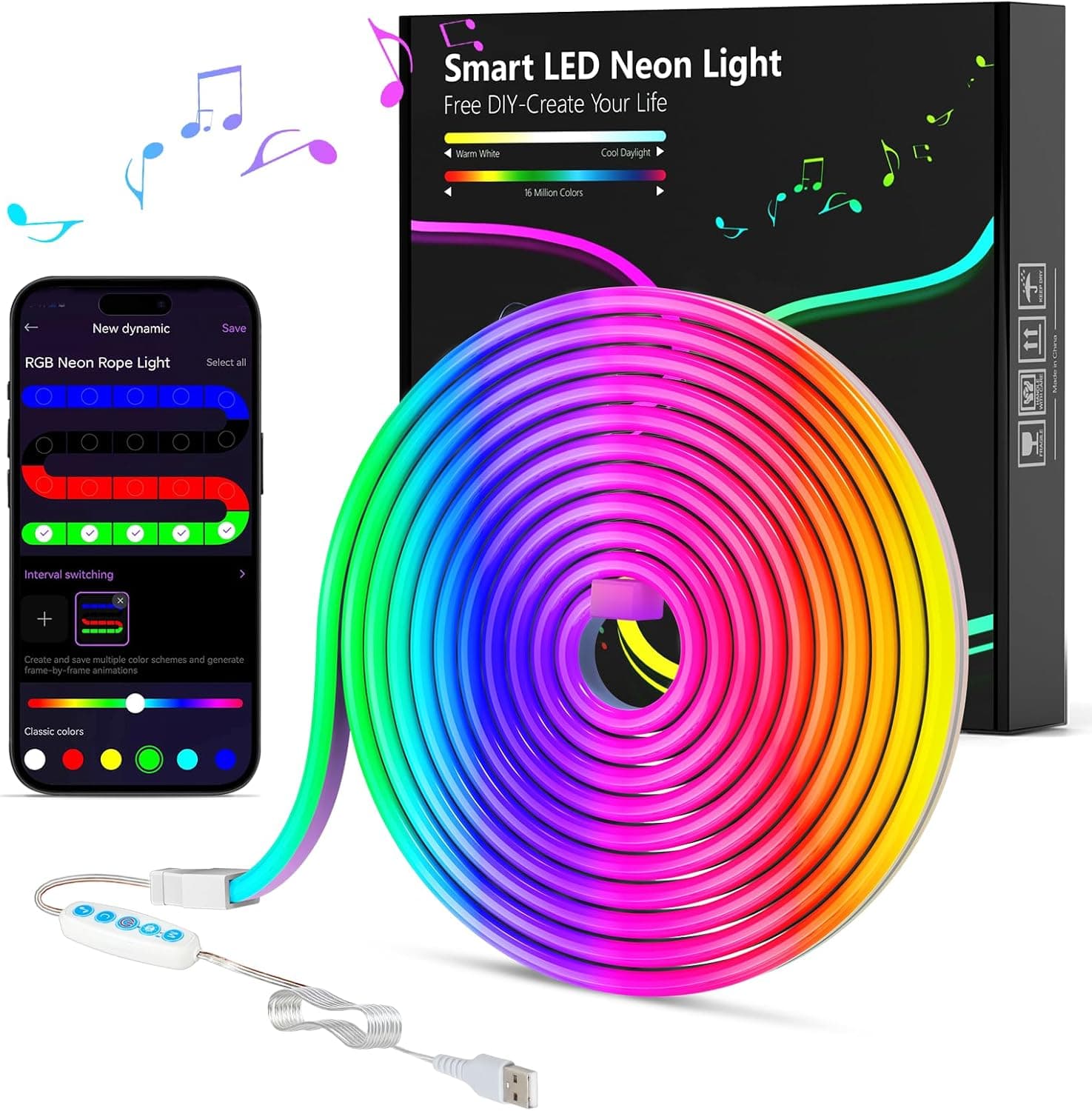 MeRGBW-Home Tiras LED néon 3 M, luzes LED Strip RGB de néon de bricolage silicone, controlo por aplicação, controlo inteligente segmentado modo de música e cena arco-íris para quarto Gaming, festa