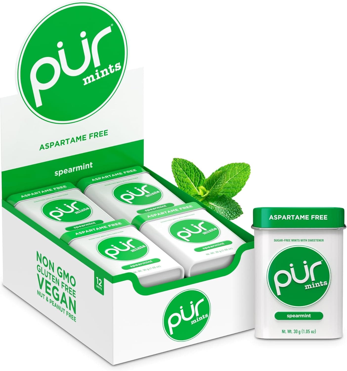 PUR Mentas Spearmint | Pastilhas de menta sem açúcar com xilitol e sabor a hortelã, veganas e sem glúten, pack de 12 x 30 unidades