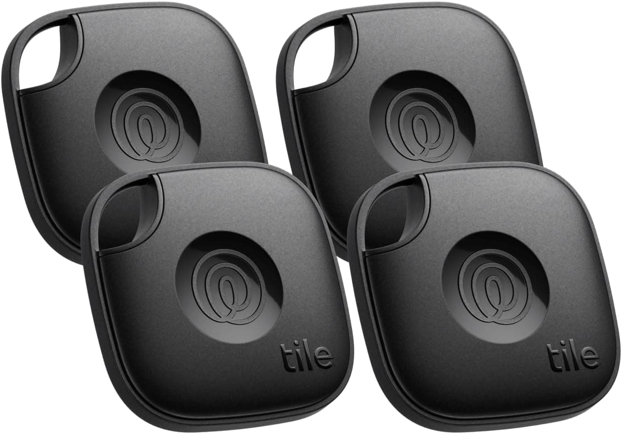 Tile by Life360 Mate (2024) - Localizador Bluetooth, localizador de chaves e localizador de objetos para chaves, malas e muito mais. Localizador de telefones. Pacote de 4 (preto)