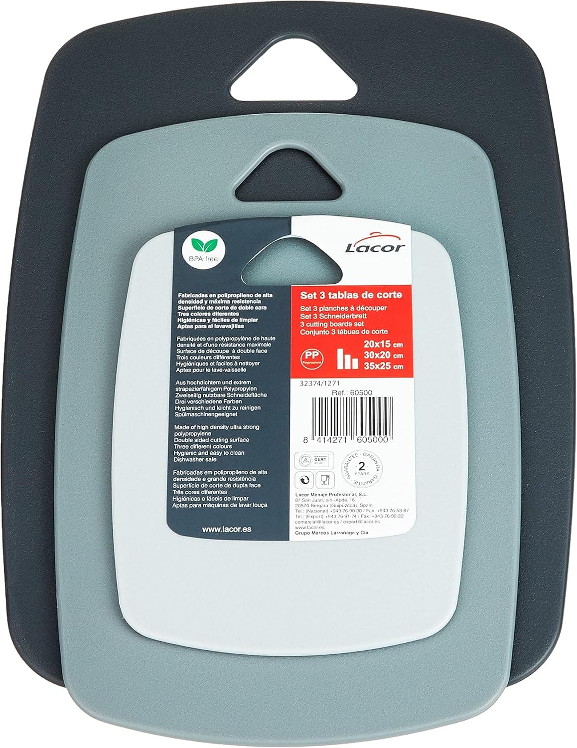 Lacor - 60500 - Conjunto de 3 tábuas de corte em frente e verso, polipropileno, livre de BPA, leves, resistentes, adequadas para máquinas de lavar louça, antibacterianas, higiénicas