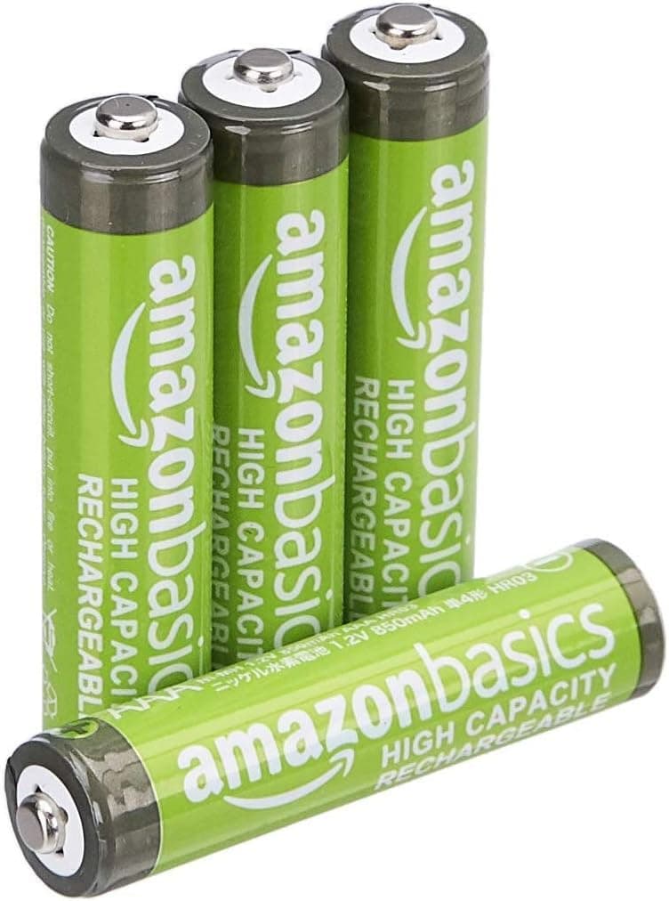 Amazon Basics - Pacote de 4 pilhas recarregáveis AAA NiMH de alta capacidade, 850 mAh, recarregáveis até 500 vezes, pré-carregadas