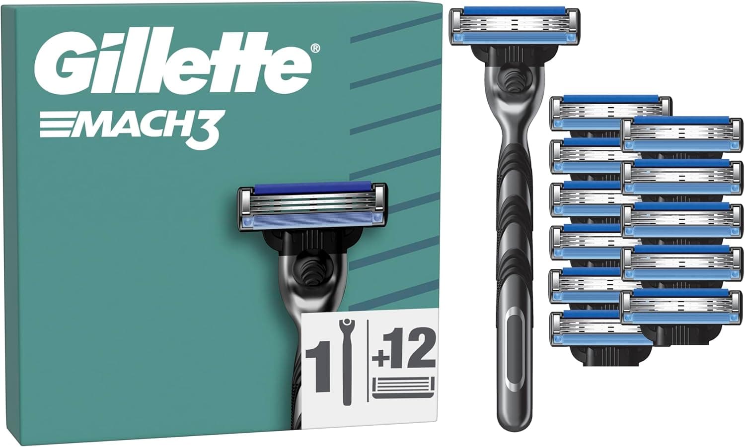 Gillette Mach3 Base máquina de barbear para homem com substituições, 1 manga, 12 lâminas de substituição com 3 folhas e faixa de gel lubrificante para uma barbear suave