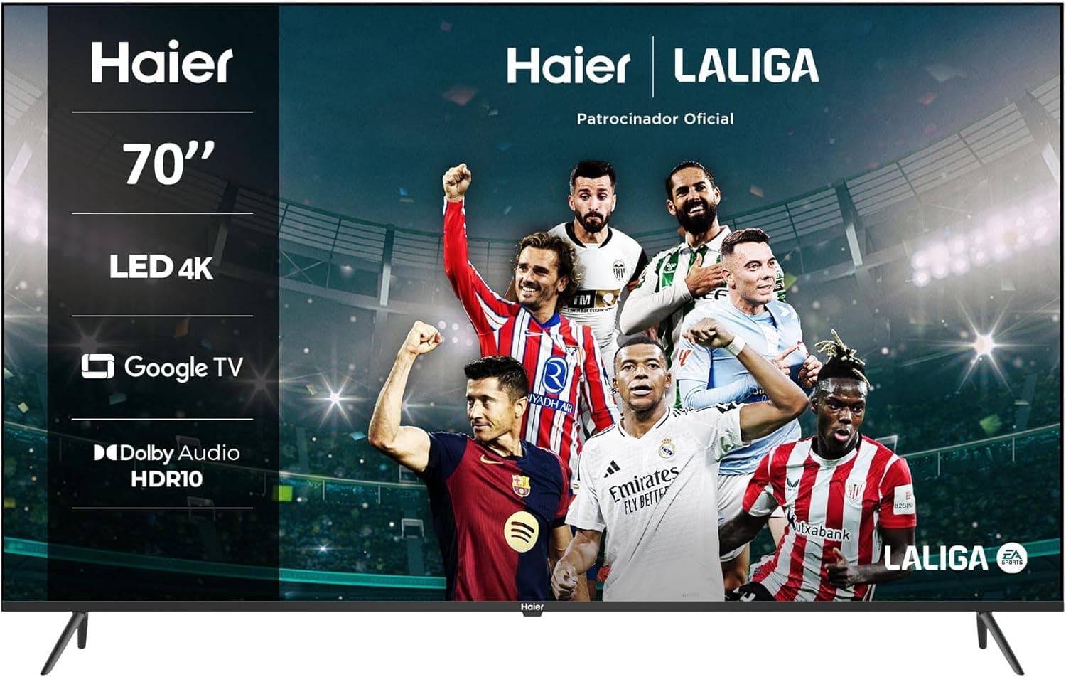 Haier Direct LED 4K UHD H70K800UX Smart TV 70", Google TV, Dolby áudio e visão Dolby, HDR 10, Smart Remote Control, Google Assistant, Bluetooth 5.1, DBX TV, HDMI 2.1 x 4, sem molduras, 2024 12
