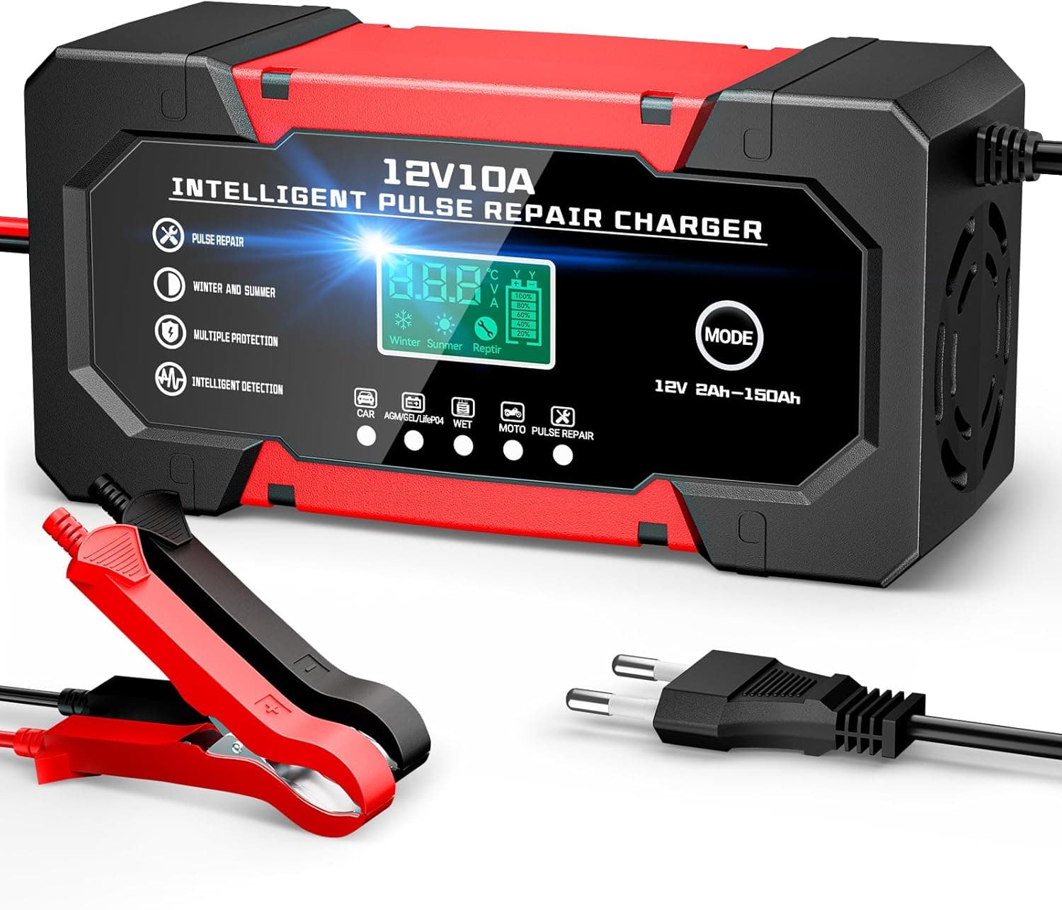 YDBAO Carregador de baterias de carro 12 V 10 A carregador de baterias de carro inteligente com função de reparação ecrã LCD e várias proteções carregadores de bateria para automóvel mota camião AGM