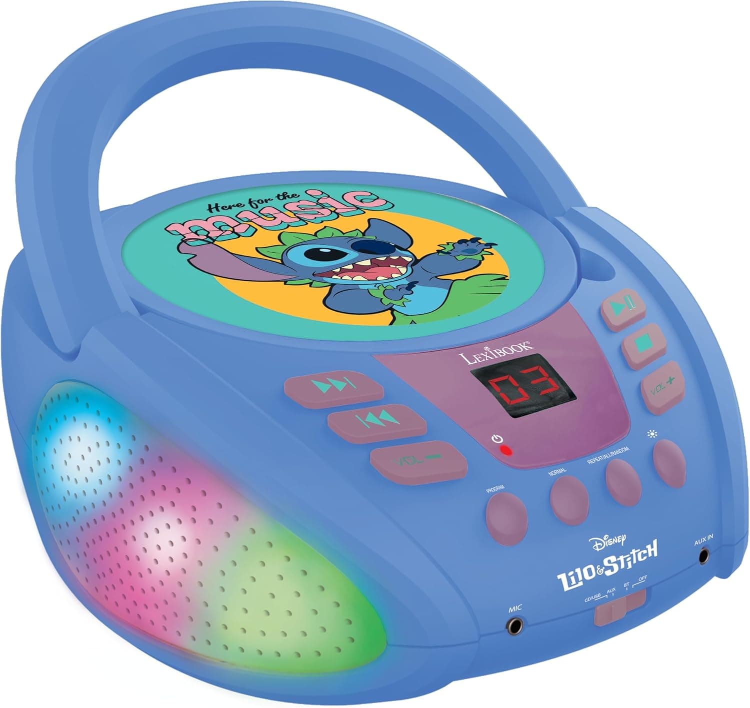 Lexibook Ponto Disney Stitch - Leitor de CD Bluetooth portátil, efeitos de luz multicoloridos, microfone, tomada auxiliar, funciona com corrente alternada ou com pilhas, crianças, azul, S (RCD109D)