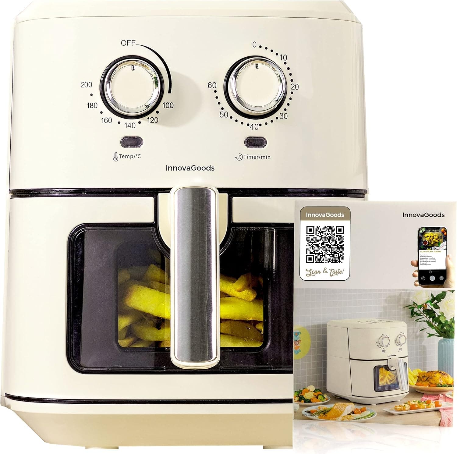 InnovaGoods® Frigideira sem óleo 6,5 l, air fryer vintage 1700 W com 100 receitas em espanhol fritadeira a ar com janela, cesta antiaderente, temporizador e fluxo de ar de 360°, ideal para 4-6 pessoas
