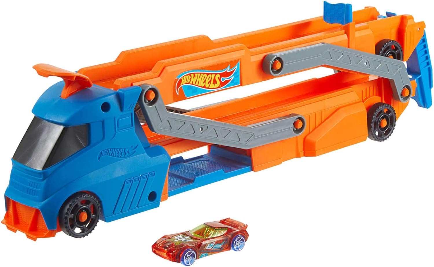 Hot Wheels HYT83 | Camião transportador que se transforma em pista de corridas de 76 cm com 1 carro de brincar 1:64