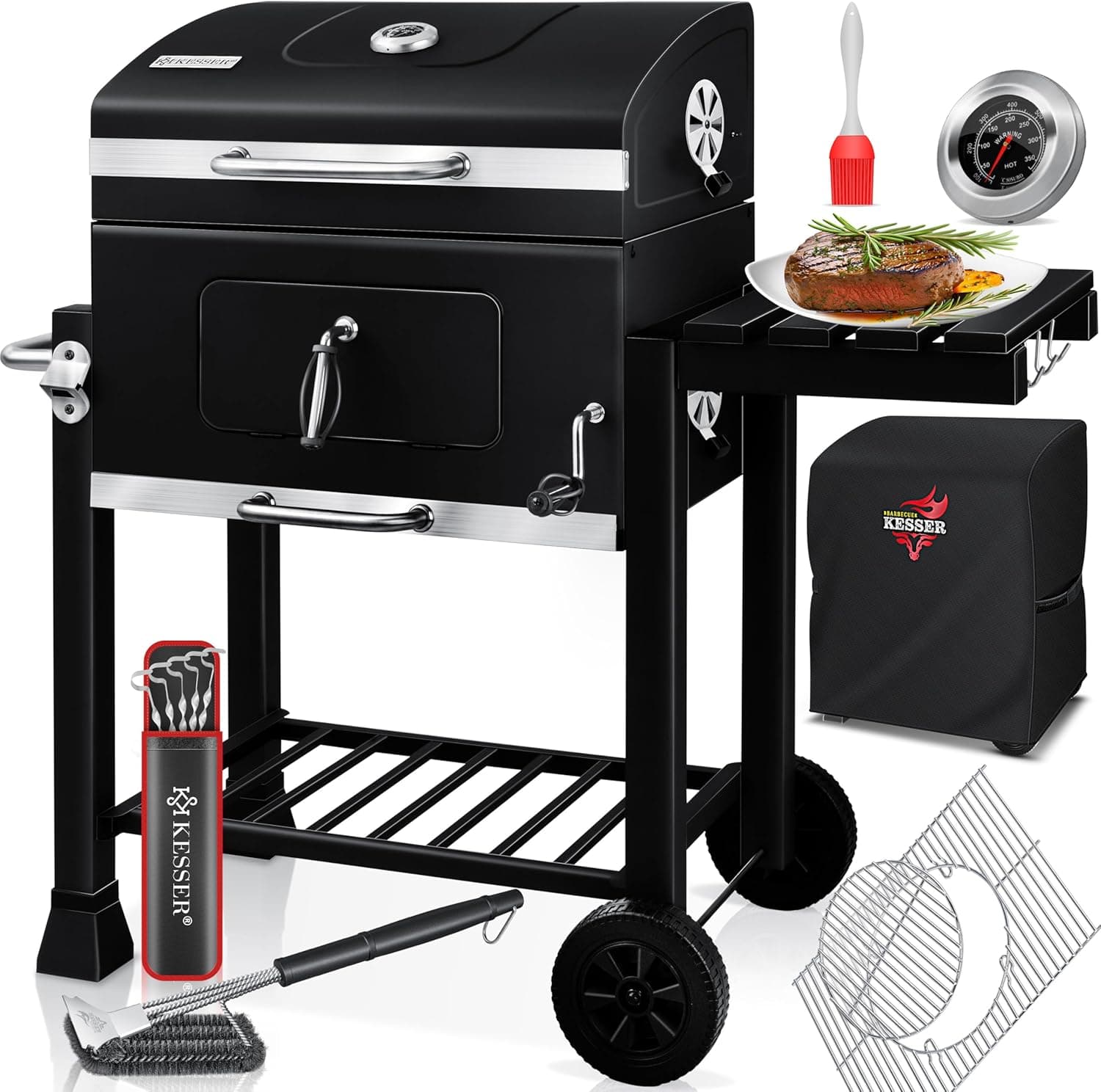 KESSER® Grelha de carvão com carrinho de grelha com tampa, rodas, cabo de aço inoxidável, churrasco, escova, cobertura e termómetro carvão Wagen grande BBQ churrasco Camping, jardim XL preto