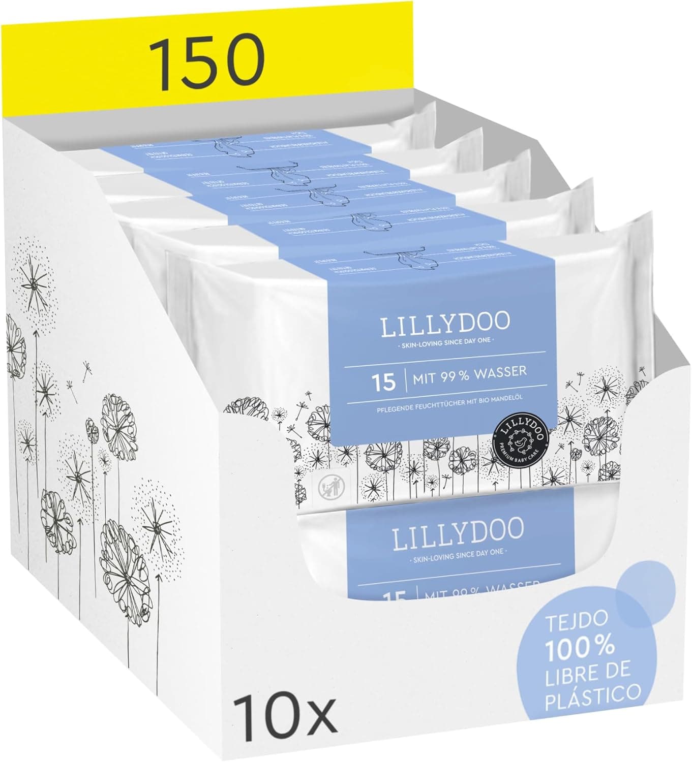 Toalhetes húmidos para bebés LILLYDOO com 99% de água, 10 embalagens de 15 (150 unidades), 100% livres de plástico sem perfumes e tão macios quanto algodão e água