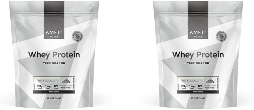 Marca Amazon - Amfit Nutrition Proteína de soro leiteiro, sabor chocolate branco, 1 kg (embalagem de 2)