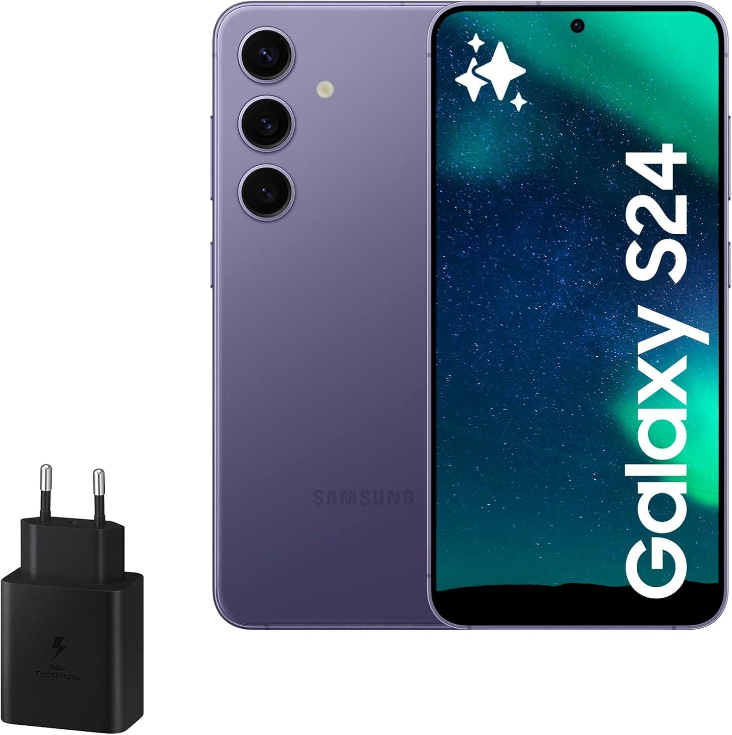 Samsung Galaxy S24 e carregador de 45W, telemóvel com IA, smartphone Android, 8 GB RAM, 256 GB de armazenamento, câmara 50 MP, bateria longa duração, violeta Cobalt