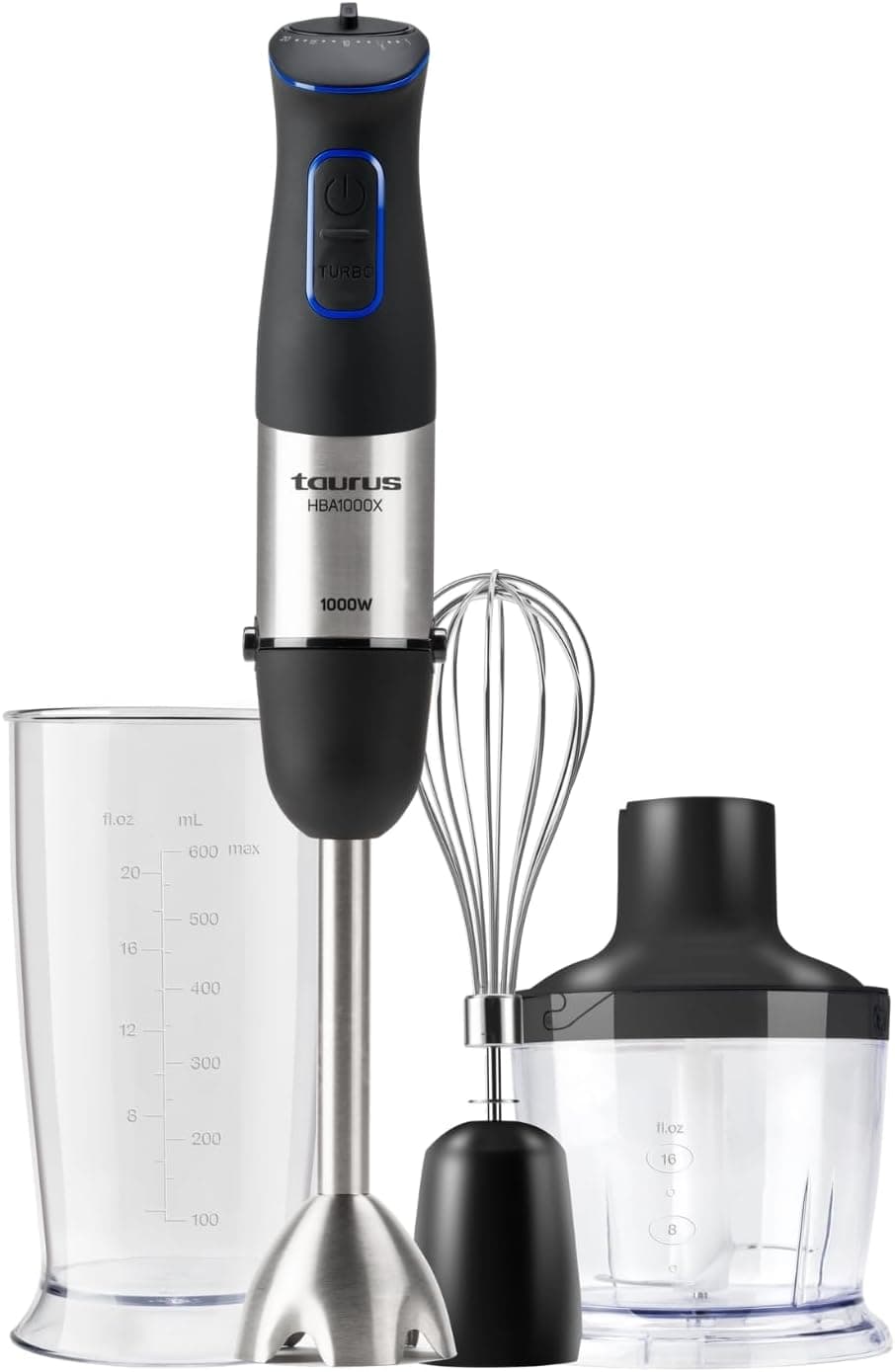Taurus Amazing Liquidificadora de mão AHBA1000 X 1000 W, função de 20 velocidades e turbo, 4 lâminas de aço inoxidável, design ergonómico, soft touch, sino anti-salpicos, conjunto acessórios