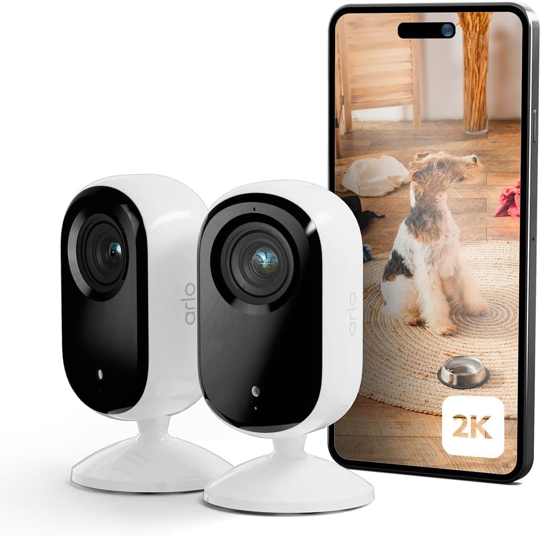 Arlo Essential 2 Indoor câmara de vigilância para bebé/animais de estimação 2 K, sensor de movimento, alarme para casa, visão noturna, teste de arco seguro incluído, com tampa de lente automática, 2