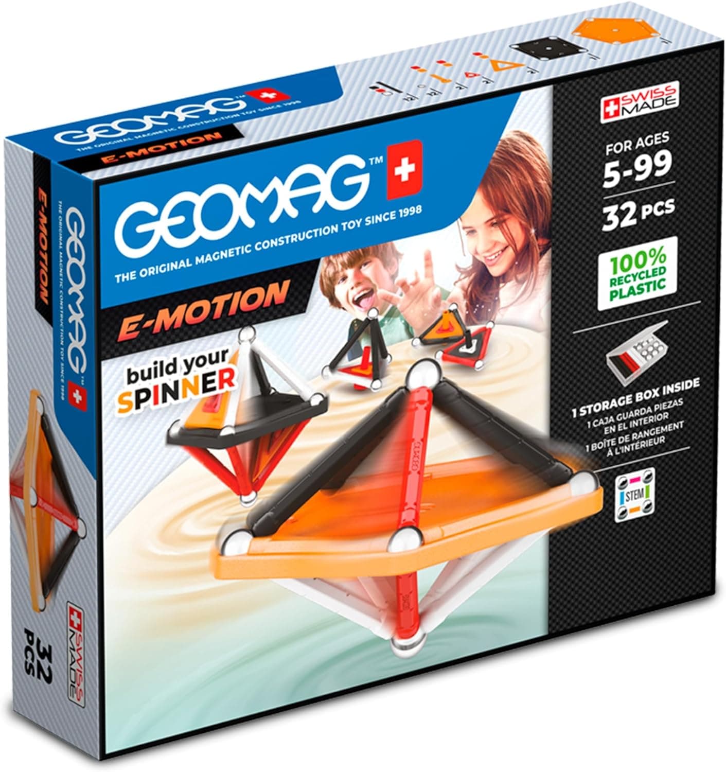 Geomag, Painéis E-Motion, construção magnética, crie uma peça, embalagem de 32 peças, plástico 100 % reciclado