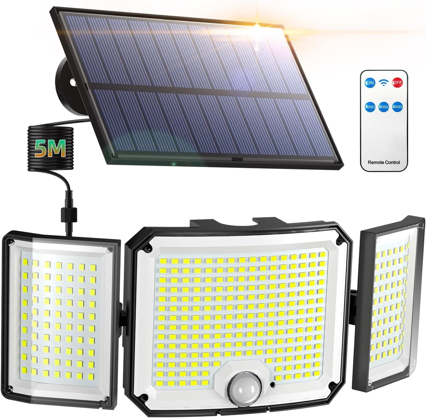 WeBeqer Luz solar exterior, 346 LED holofote solar exterior com sensor de movimento, IP65 impermeável, 270º ângulo de iluminação candeeiro solar para jardim com controlo remoto e cabo de 5 m
