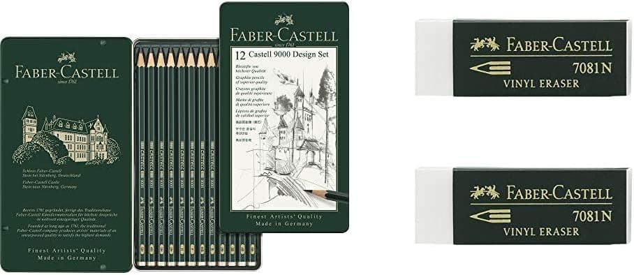 Faber-Castell 9000 - Conjunto de 12 lápis para desenho técnico Blister 2 borrachas de apagar Goldfaber branco