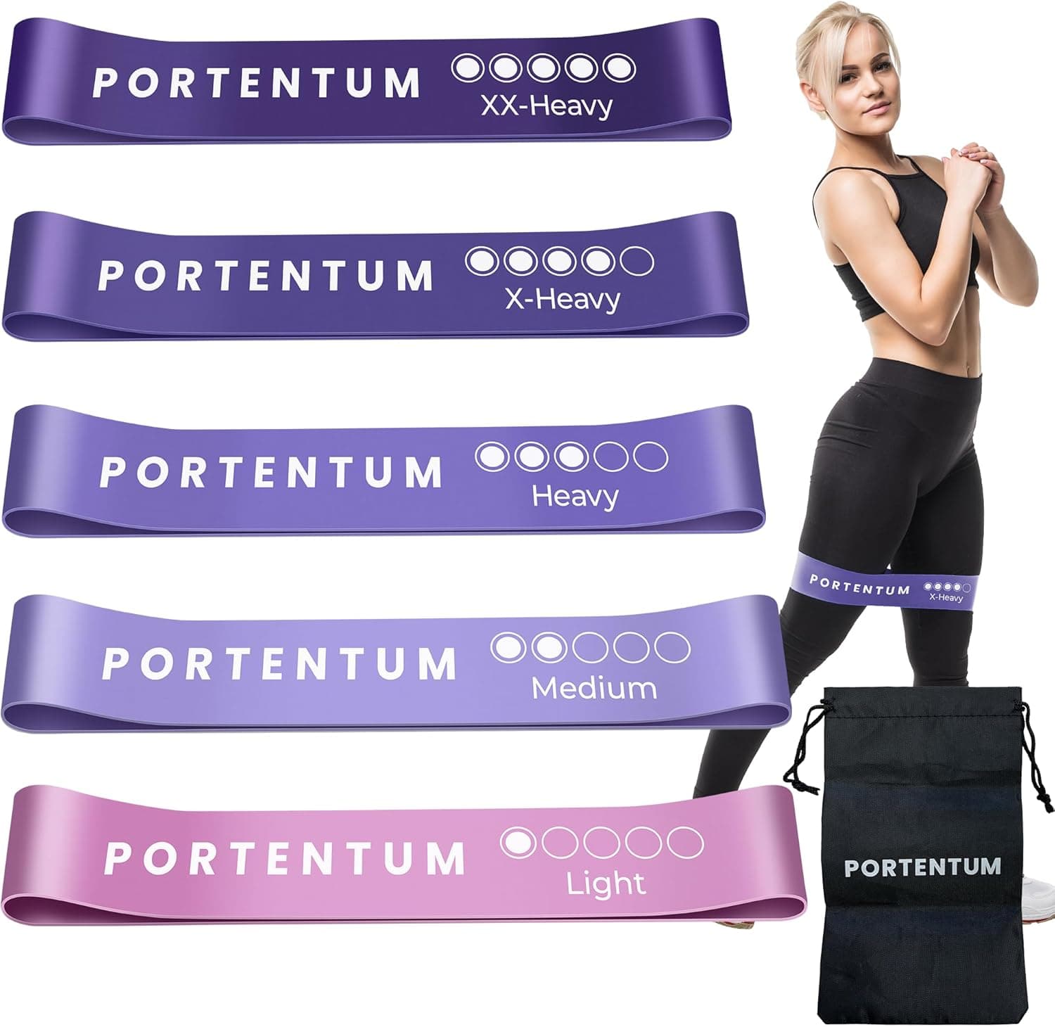 PORTENTUM Conjunto de borracha de 5 bandas látex 100 % e saco de armazenamento para fitas elásticas musculação, unissexo adulto
