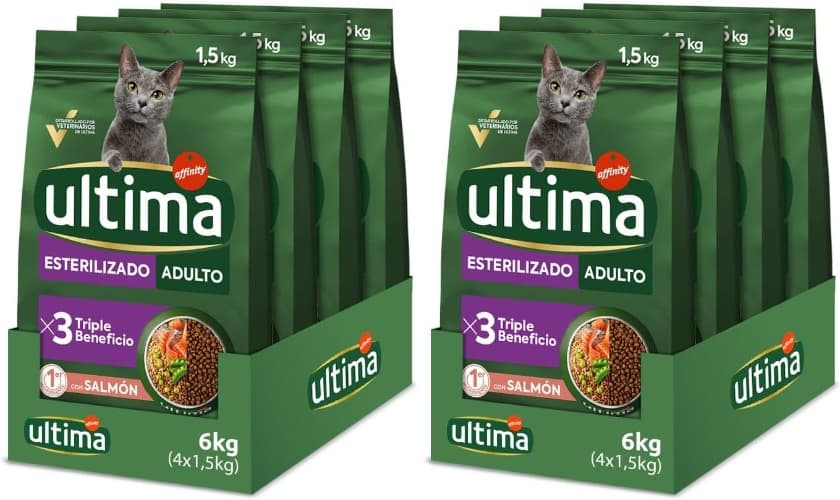 Ultima Comida para Gatos Esterilizados com Salmão 6 kg (4×1,5 kg) | Ração seca com baixo teor de gordura e calorias, ajuda na saúde urinária e fortalece dentes, ossos e defesas naturais. Ideal para gatos adultos esterilizados.