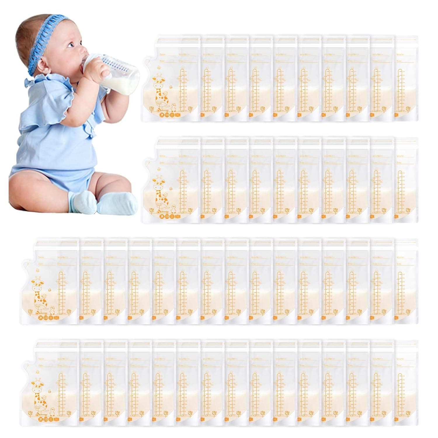 Vinabo Sacos de leite materno | 50 bolsas pré-esterilizadas de 250 ml com fecho duplo para congelar e transportar leite materno
