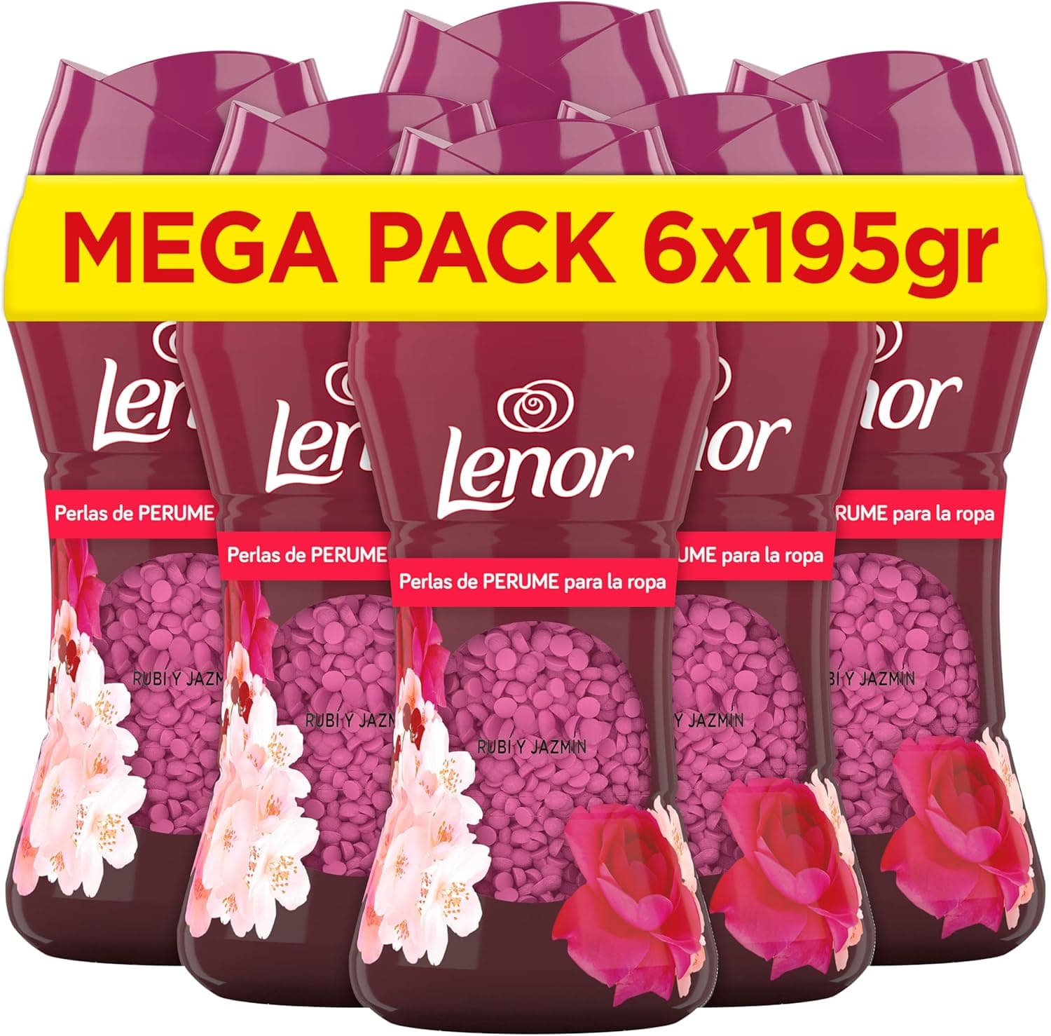 Lenor UNstoppables Pérolas de perfume para roupas, 96 lavagens (6 x 195 g), suavizante com fragrância rubi e jasmin, potenciador de frescura