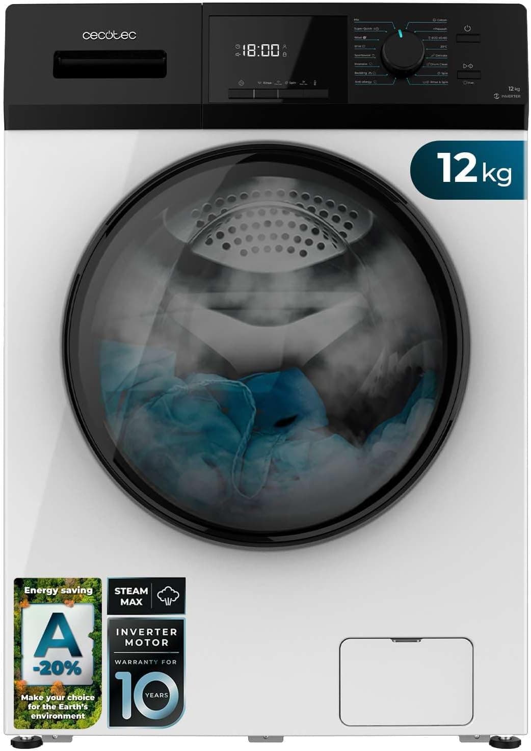Cecotec Lavadora Bolero Dresscode 12410 Inverter 12 kg | Máquina de lavar de carga frontal com 16 programas, classe energética A-20%, motor Inverter Plus, função vapor SteamMax, Drum Clean, Stop&Go, modo ECO e proteção infantil KidLock