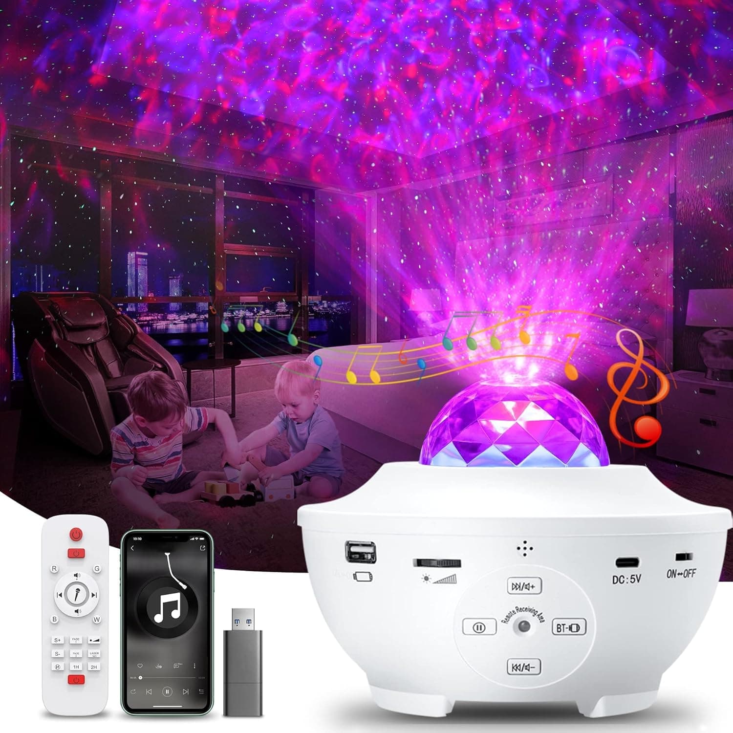 IKHDCYH Projetor estrelas candeeiro, projetor de luz estrelas, galáxia com 10 cores modo, Bluetooth música, Dimming, temporizador luz noturna infantil para decoração quarto festa Natal