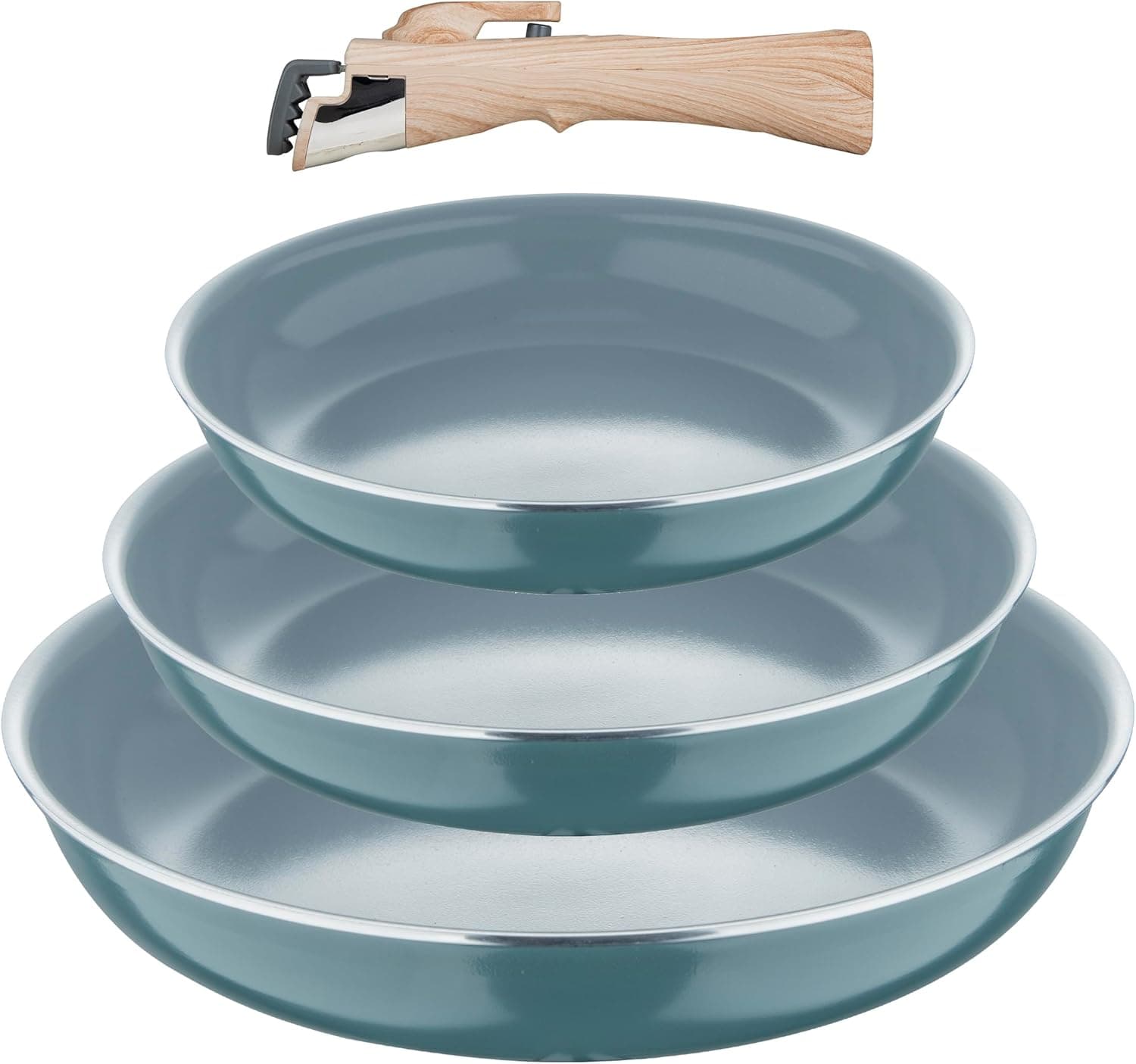 Bergner Conjunto de 4 peças frigideiras (18 + 20 + 24 cm) com cabo desmontável - alumínio prensado reciclado - revestimento PPG Fusion - indução compatível - verde, prata