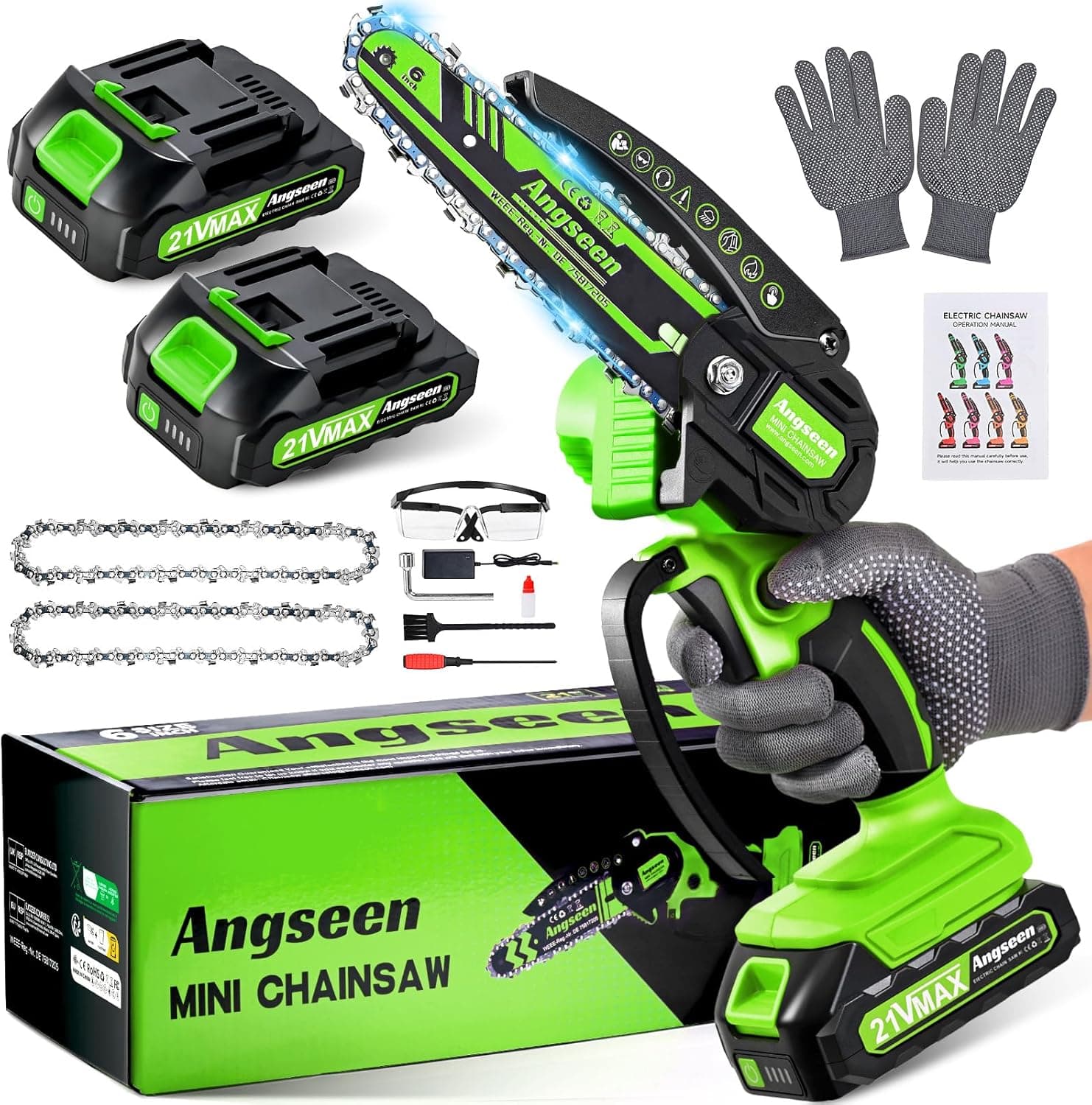 Angseen Mini Chainsaw 850W | Motosserra elétrica portátil a bateria de 6 polegadas com 2 baterias e 2 correntes para poda e jardinagem