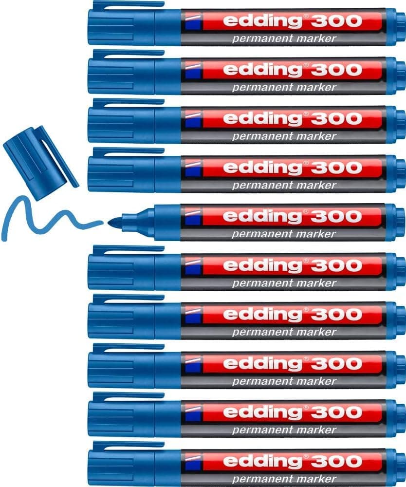 edding 300 Marcador permanente - azul claro, 10 canetas de feltro - ponta redonda de 1,5 - 3 mm, impermeável, de secagem rápida, marcadores indeléveis, para cartão, plástico, vidro, madeira, metal