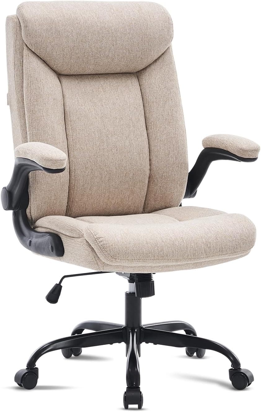 MZLEE Cadeira de escritório ergonómica para computador, cadeira de trabalho giratória com apoio de braços dobrável, altura ajustável, confortável para escritório ou jogos em casa (tecido bege)