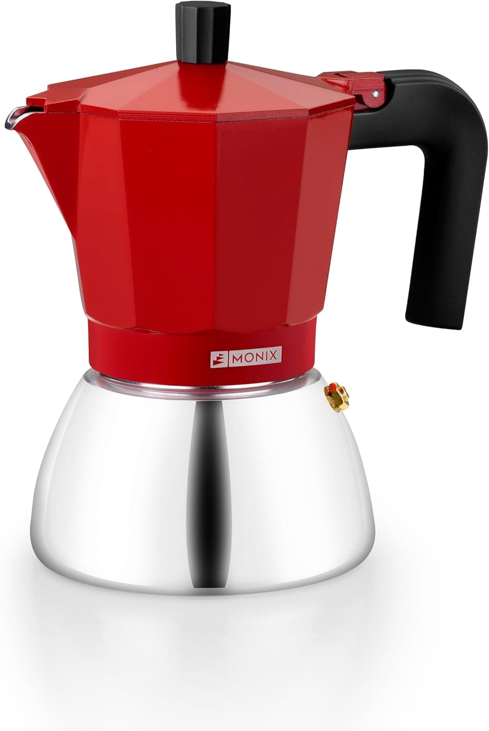 Monix Induction Inox Cafeteira italiana de alumínio e aço inoxidável, 6 chávenas de capacidade, pega termorresistente, fácil de lavar, adequada para todos os tipos de cozinhas incluindo indução, cor