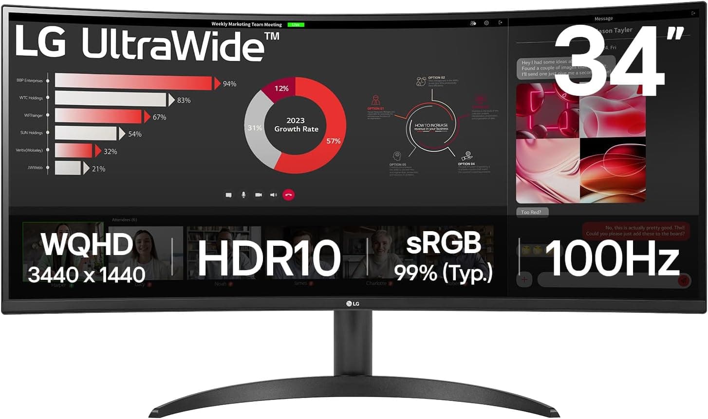 LG 34WR50QK-B Monitor UltraWide curvo, 34", QHD: (3440x1440px), 21:9, ADM FreeSync Premium, multifuncional, preto
