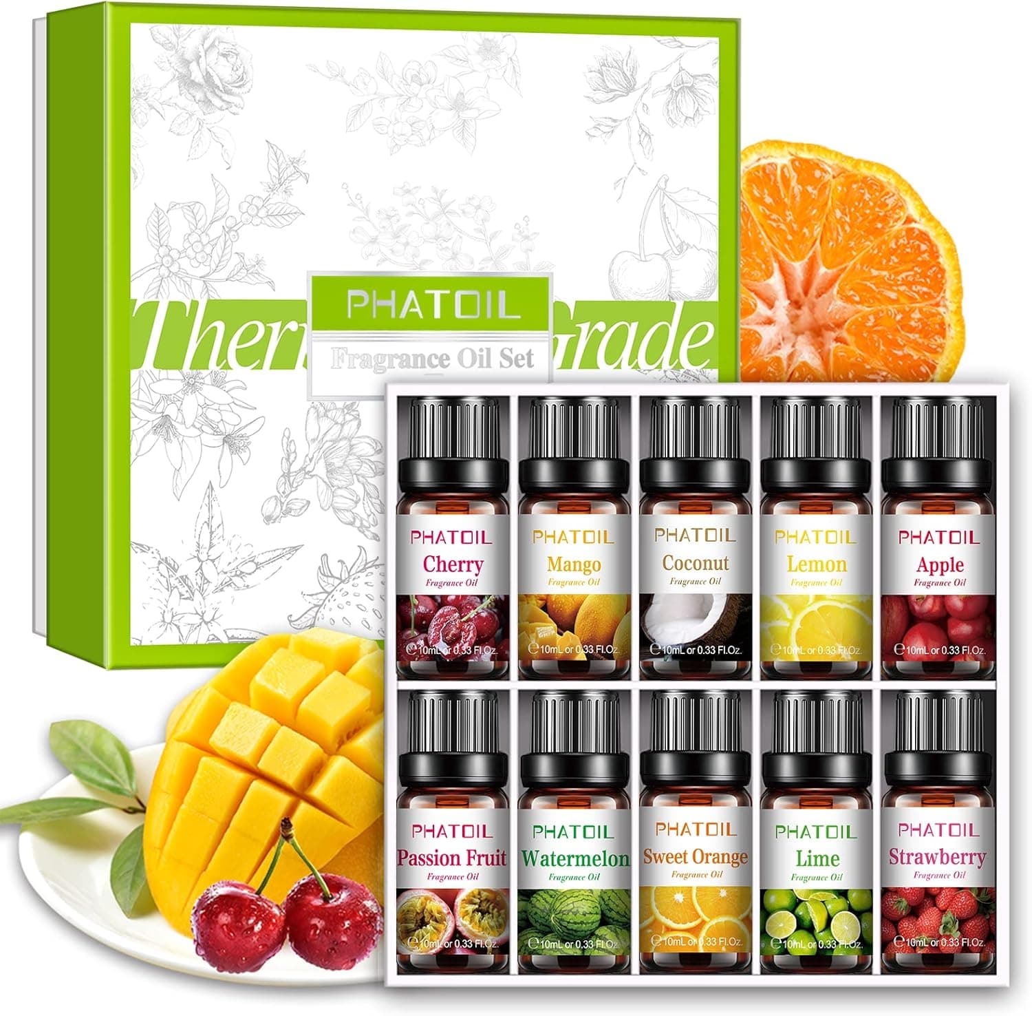PHATOIL Conjuntos de óleo essencial de frutas para difusor 10 x 10 ml, azedas essenciais para aromaterapia lima maçã manga fruta da paixão morango melancia cereja coco limão laranja doce