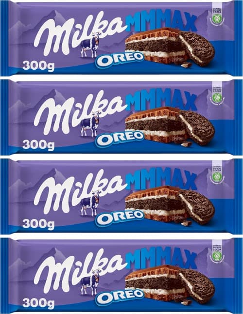 Milka MMMAX Oreo Tablet grande de chocolate com leite dos Alpes com enchimento de bolachas em ouro e camada dupla de enchimento de baunilha 300 g x 4
