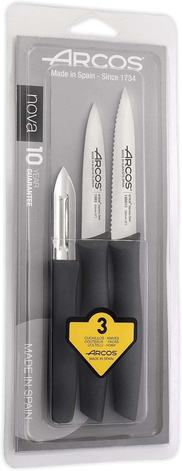 Arcos Série Nova - conjunto de 3 peças. Facas de mostruário - lâmina de aço inoxidável de 60 mm, 85 mm, 100 mm, cabo de polipropileno preto