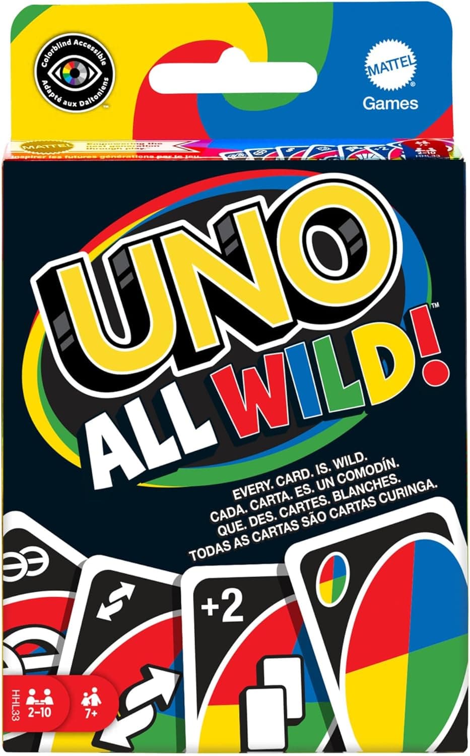 Jogo de cartas UNO All Wild™ com 112 cartas, presente para uma noite de jogos para famílias, adultos e crianças a partir dos 7 anos, HHL33