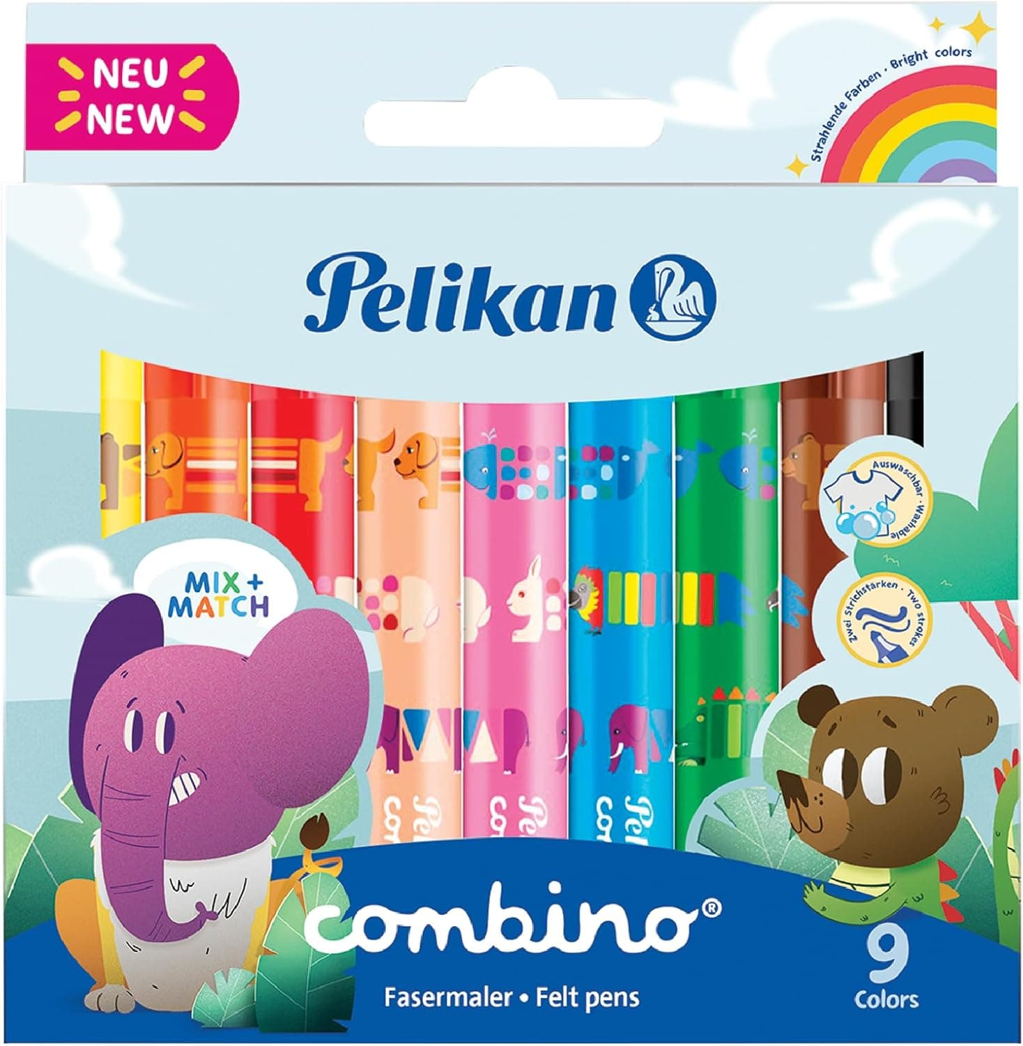Pelikan Combino | Conjunto de 9 marcadores laváveis de ponta larga com design ergonómico para crianças