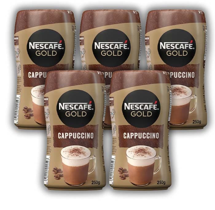 NESCAFÉ GOLD CAPPUCCINO NATURAL, cremoso café soluble con leche desnatada, Pack de 5 botes de 250 g