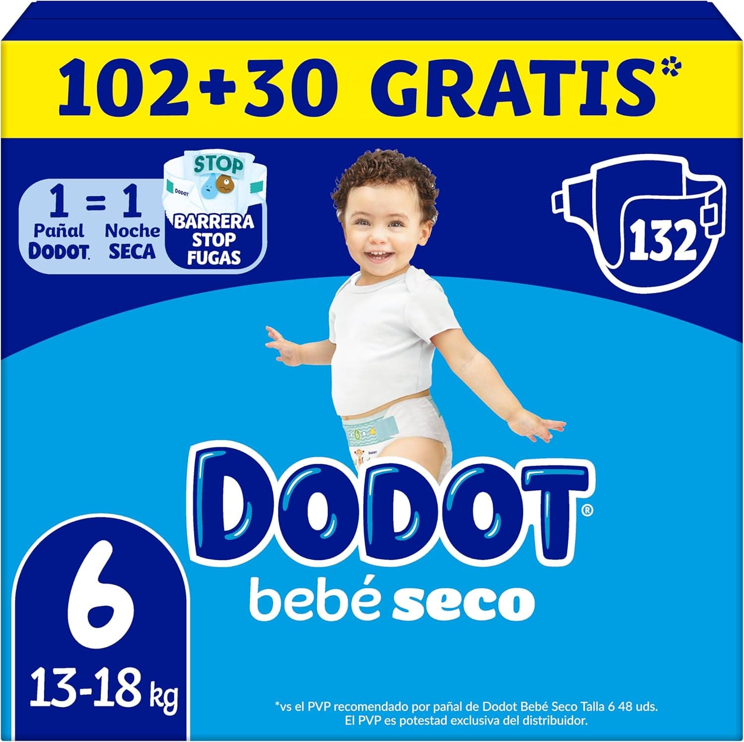 Fraldas Dodot Baby-Dry, tamanho 6 (13-18 kg), 132 fraldas + 1 pacote com 10 lenços umedecidos Aqua Plastic grátis, até 100% sem vazamentos em uma noite, pacote mensal