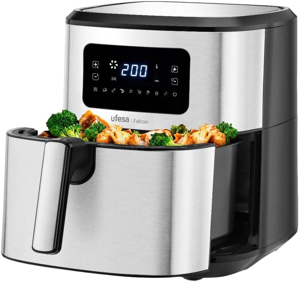 Ufesa Falcon Fritadeira de ar sem óleo de 6,5 l, inoxidável, tecnologia de ar de pulso, 8 programas, 1700 W, digital, temporizador, temperatura 80 ºC, sem BPA nem PFOA, balde e bandeja antiaderentes