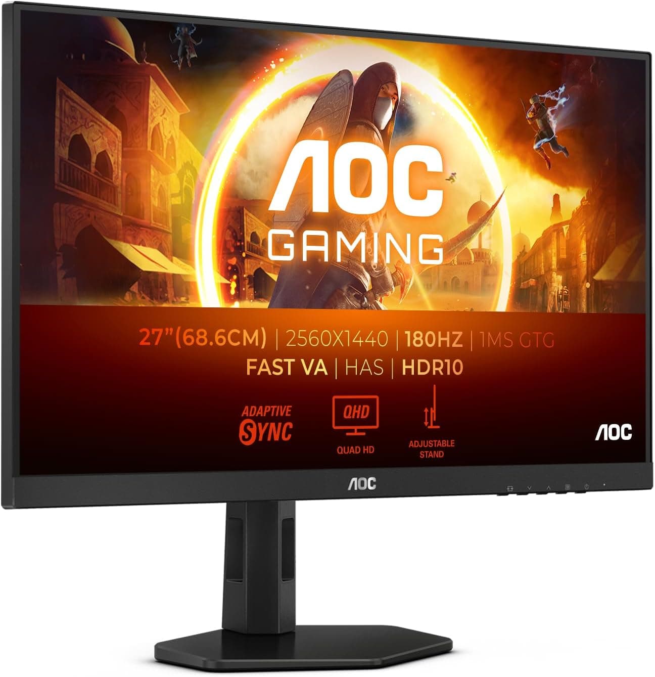 AOC Gaming Q27G4XND Monitor QHD de 27 polegadas, 180 Hz, 1 ms GTG, Fast VA, FreeSync Prem, suporte de altura ajustável, HDR10 (2560 x 1420, HDMI 2.0, DisplyPort 1.4)
