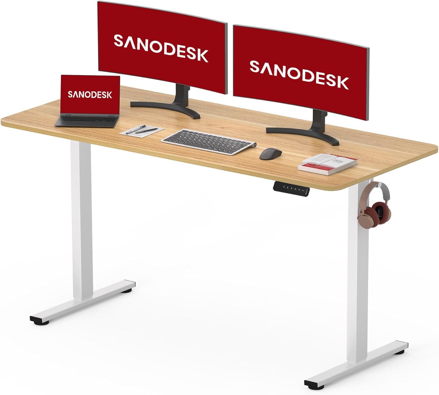 SANODESK 120 x 60 cm, mesa elétrica elevável, com placa de secretária regulável em altura, elétrico telescópico bidirecional com controlo de memória e tecnologia anticolisão (Bordo branco)