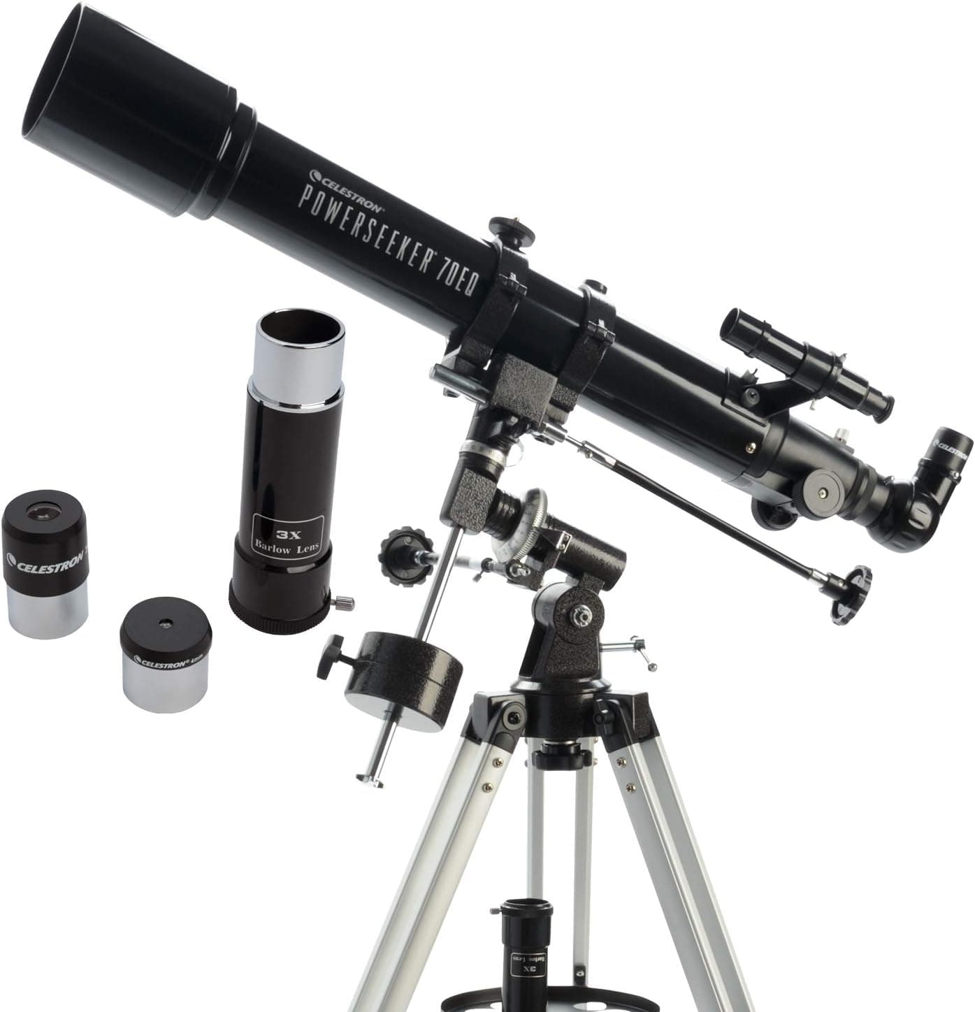 Celestron 21037 PowerSeeker 70EQ Telescópio refrator: inclui dois oculares, diagonal de imagem reta, lente Barlow de 3 aumentos, tripé ajustável em altura e bandeja de acessórios de luxo, preto