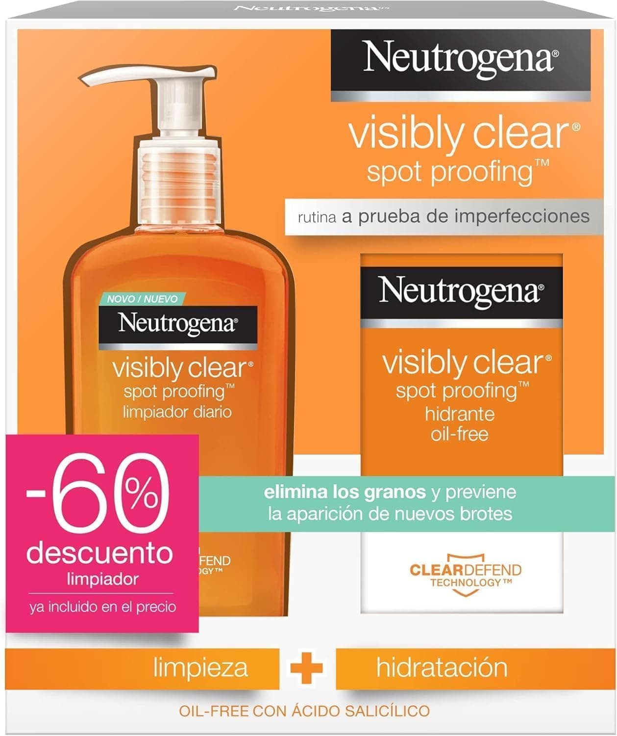 Neutrogena Visibly Clear Spot Controlling, rotina de cuidados faciais com ácido salicílico, contém um gel de limpeza facial (1 x 200 ml) e um hidratante facial (1 x 50 ml)