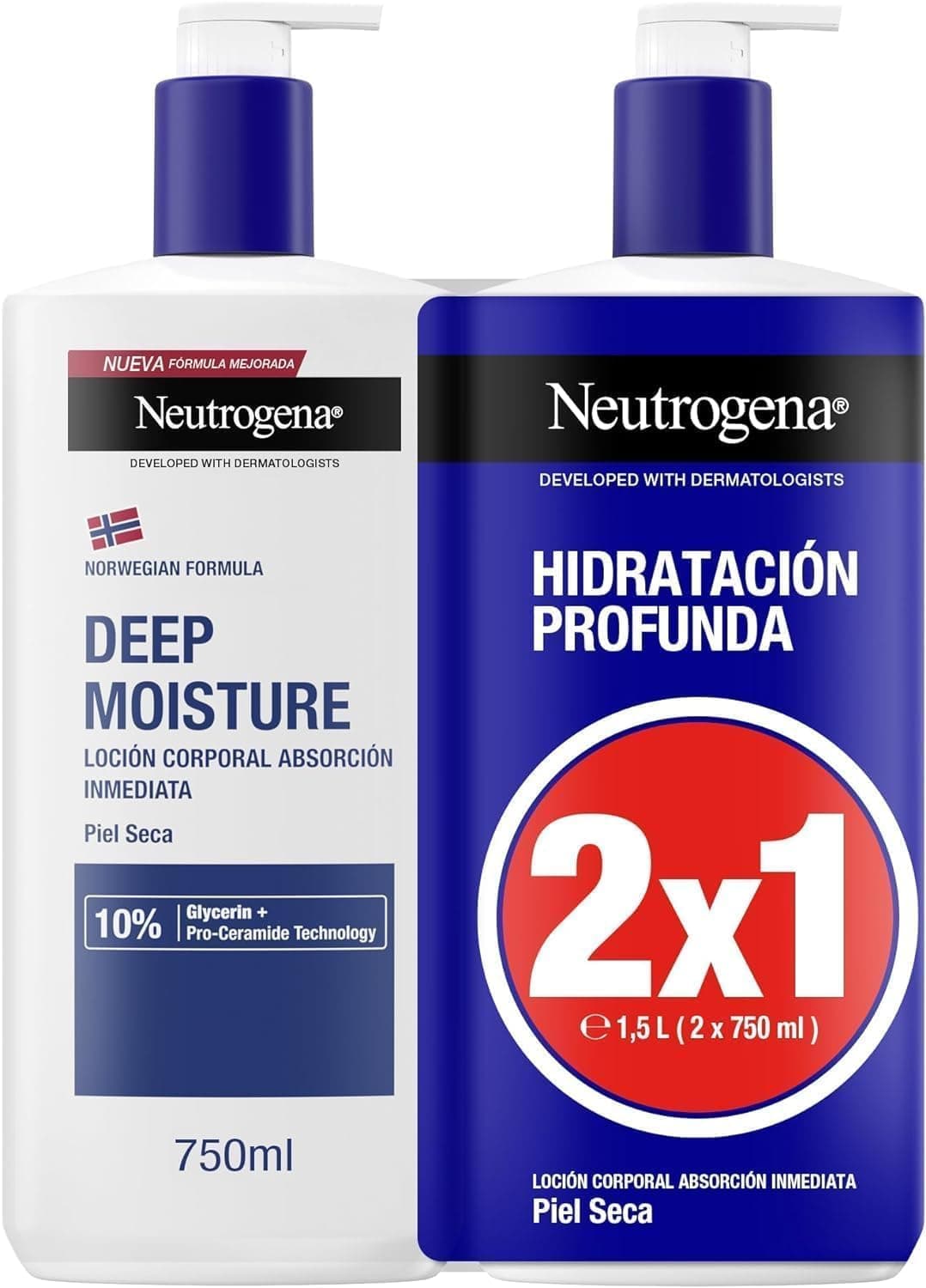 Neutrogena Norwegian Formula Deep Hydration | Loção corporal hidratante para pele seca com pro-ceramida e glicerina, absorção imediata, 2 x 750 ml
