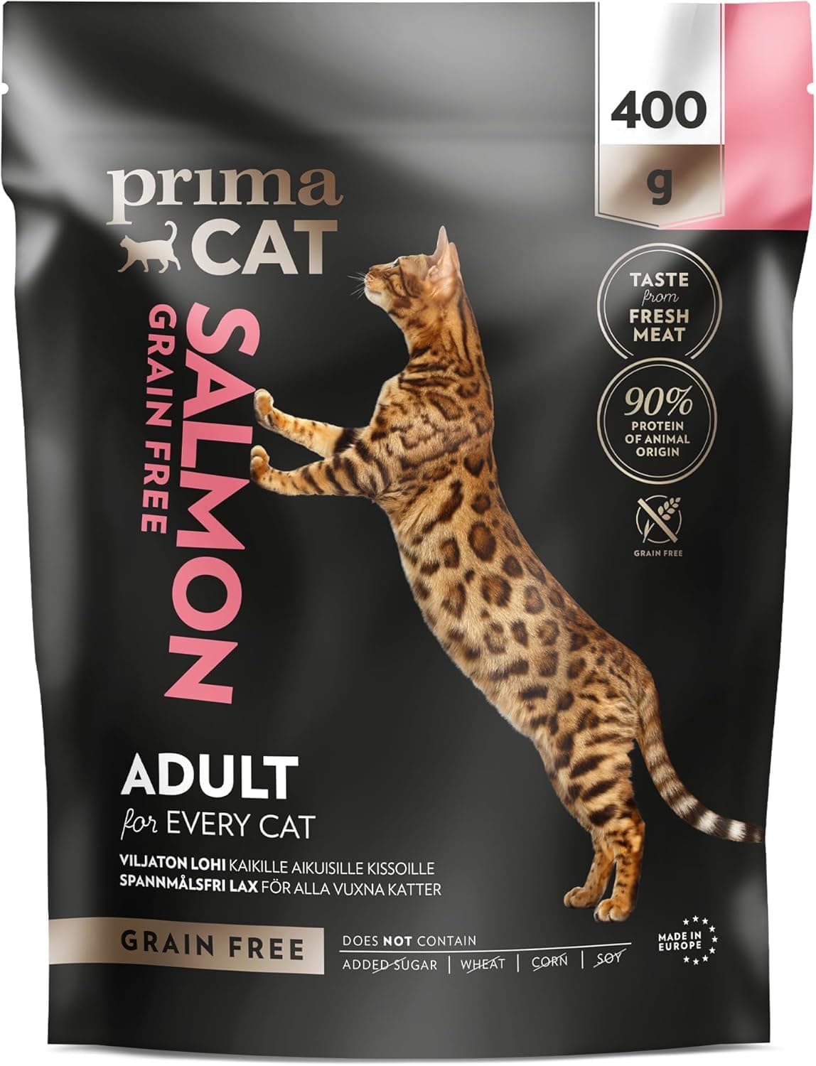 PrimaCat - Alimento seco completo sem cereais com sabor de salmão, comida para gatos para adultos, 400 g