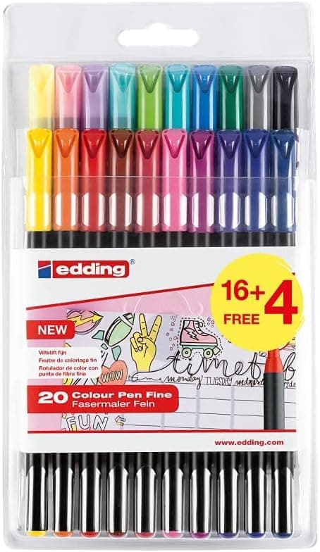 edding 1200 marcador de cor de traço fino - multicolor - 16 canetas 4 de presente - ponta redonda 1 mm - marcador para desenhar e escrever - conjunto de volta à escola