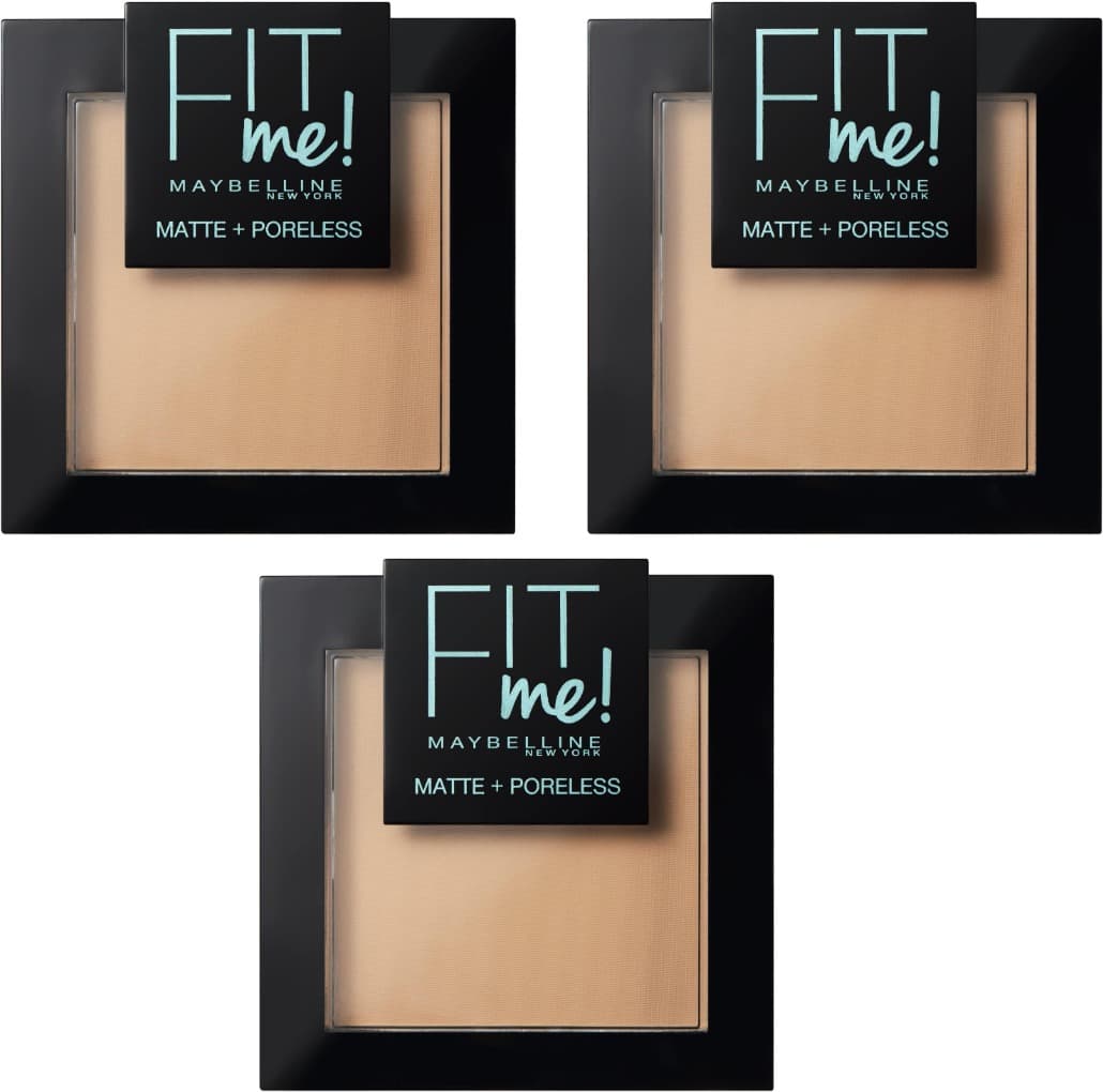 Maybelline New York Fit Me Matte + Poreless Pó matificante, com escova e espelho, 3 embalagens